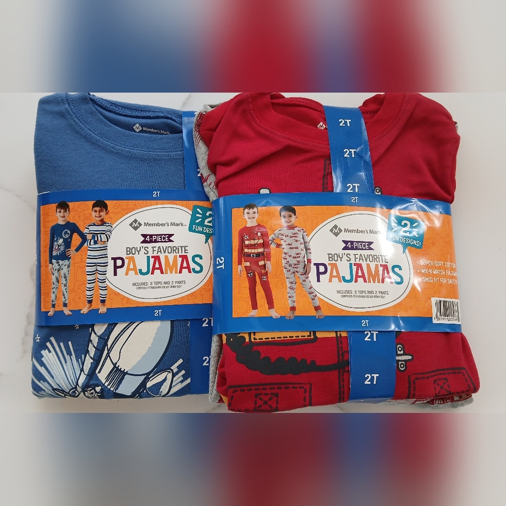 Members Mark Boys Pajama Bundle 4 Sets Size 2T Fire Truck & Rocket Motifs NWT